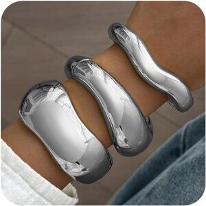 Trendy Silver Chunky Bangle Bracelets for Women - Wide Wire Statement Cuffs